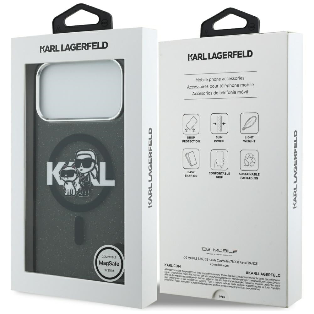 Husa MagSafe za Apple iPhone 17 Pro Max, Karl Lagerfeld, IML Sketch Logo Glitter Karl & Choupette, Crna