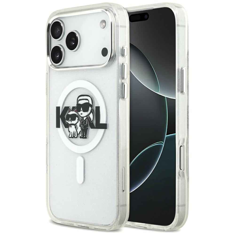 Futrola MagSafe za Apple iPhone 17 Pro Max, Karl Lagerfeld, IML Sketch Logo Glitter Karl & Choupette, Transparentna
