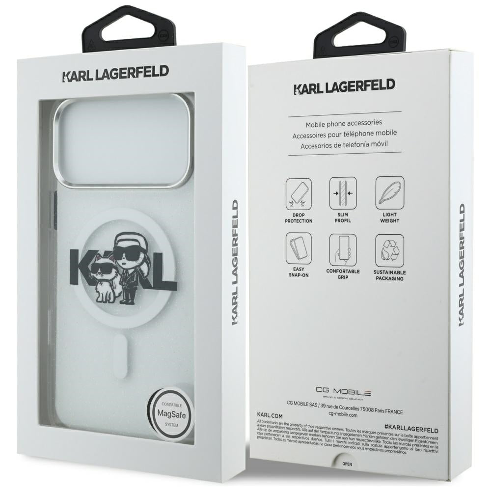 Futrola MagSafe za Apple iPhone 17 Pro Max, Karl Lagerfeld, IML Sketch Logo Glitter Karl & Choupette, Transparentna