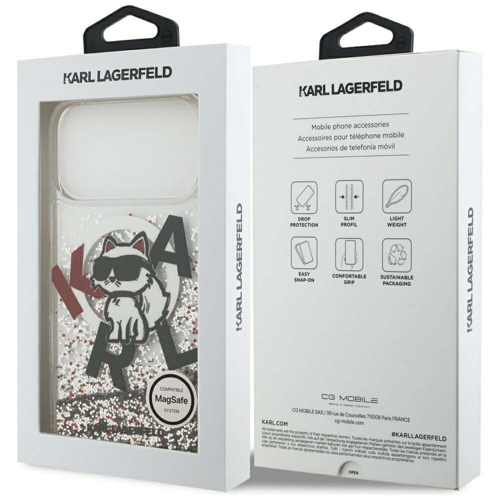 Futrola MagSafe za Apple iPhone 17 Pro Max, Karl Lagerfeld, Liquid Glitter Logo Choupette, Transparentna