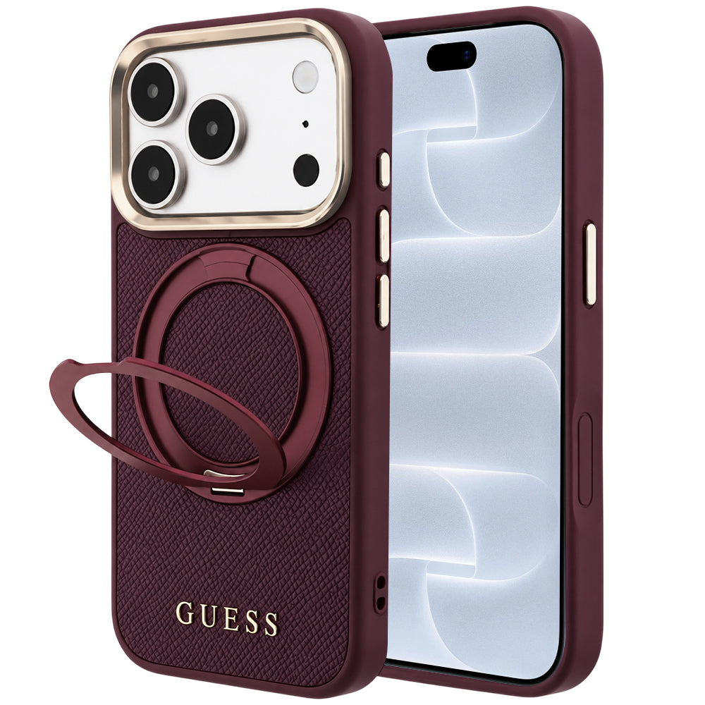 MagSafe maska za Apple iPhone 18 Pro / 17 Pro, Guess, Grained Ring Stand 360 Classic, bordo