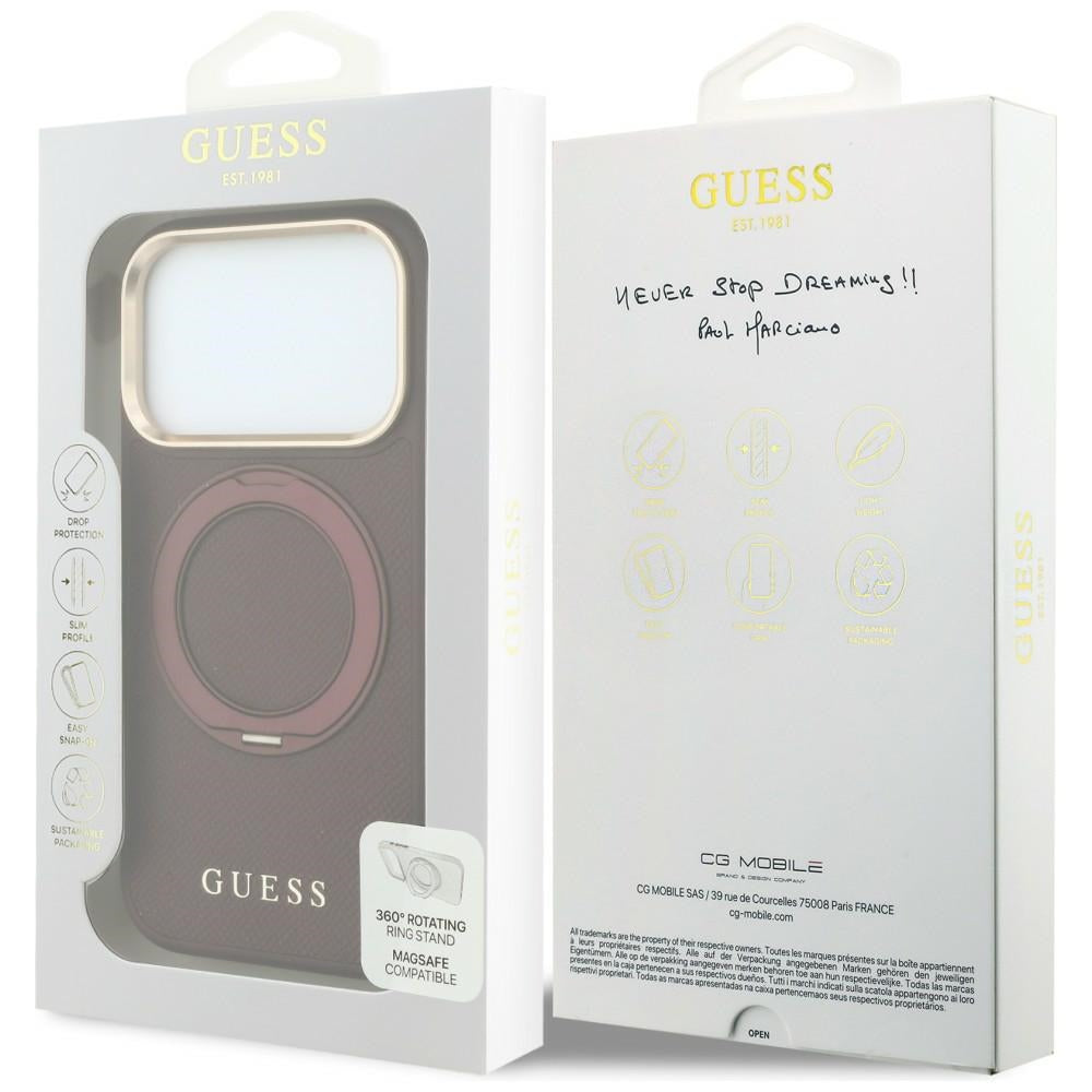 MagSafe maska za Apple iPhone 18 Pro / 17 Pro, Guess, Grained Ring Stand 360 Classic, bordo