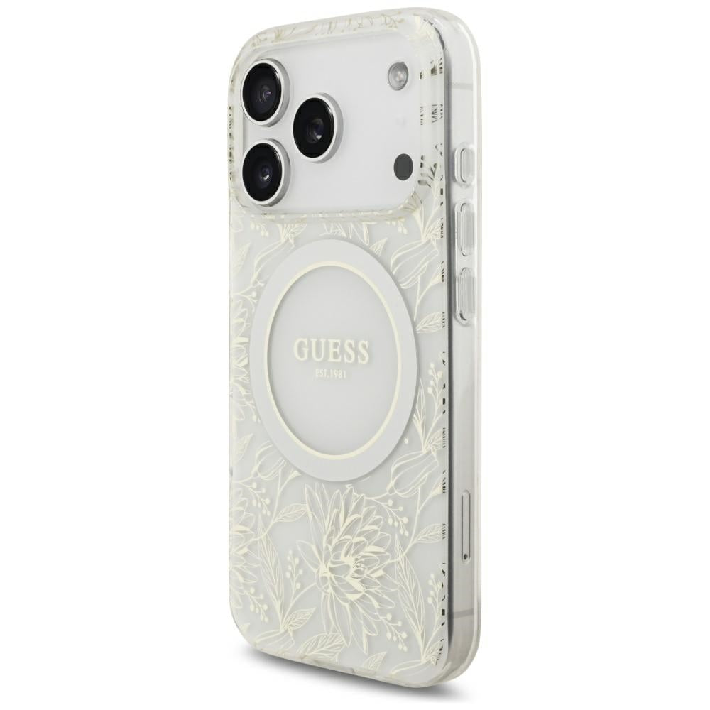 MagSafe futrola za Apple iPhone 18 Pro / 17 Pro, Guess, IML Flowers Electroplated with Pearl Strap, Bela