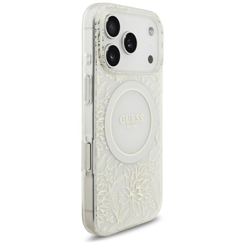 MagSafe futrola za Apple iPhone 18 Pro / 17 Pro, Guess, IML Flowers Electroplated with Pearl Strap, Bela