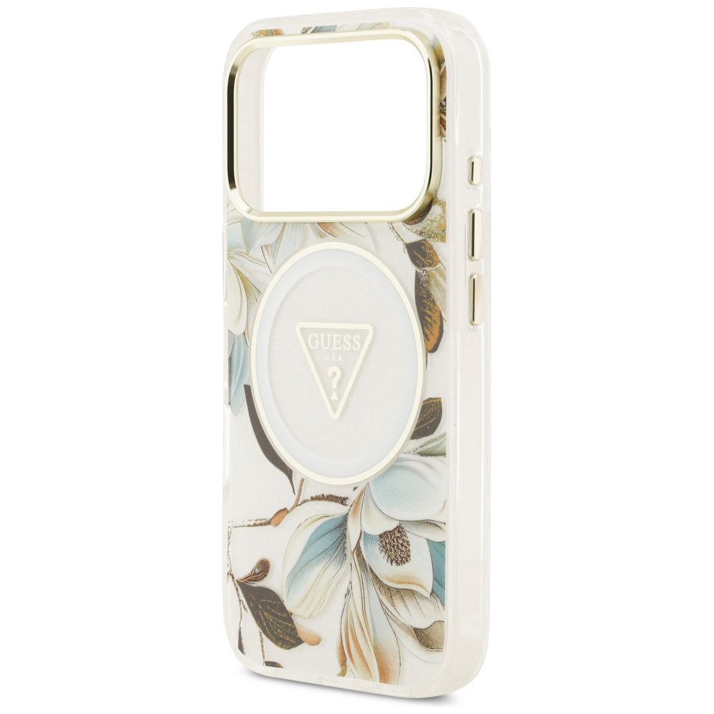 MagSafe futrola za Apple iPhone 18 Pro / 17 Pro, Guess, IML Metal Glitter Flowers Triangle, Bela