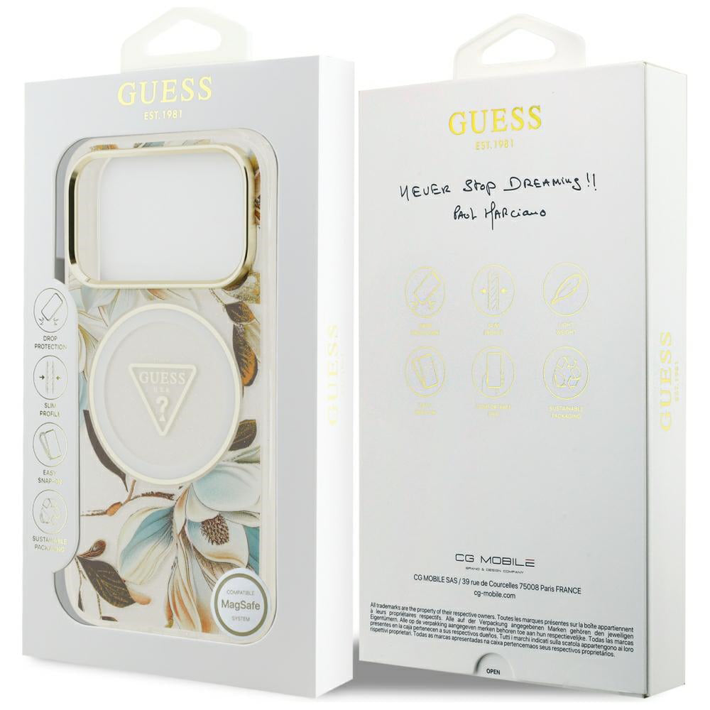 MagSafe futrola za Apple iPhone 18 Pro / 17 Pro, Guess, IML Metal Glitter Flowers Triangle, Bela