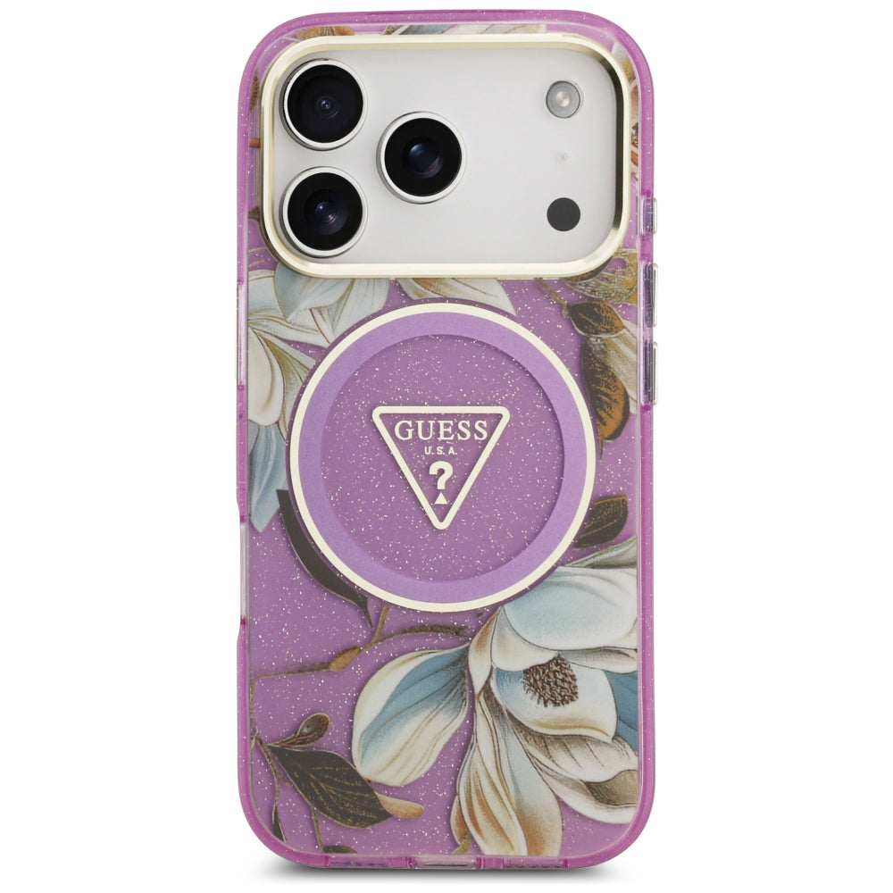 MagSafe futrola za Apple iPhone 18 Pro / 17 Pro, Guess, IML Metal Glitter Flowers Triangle, Ljubičasta