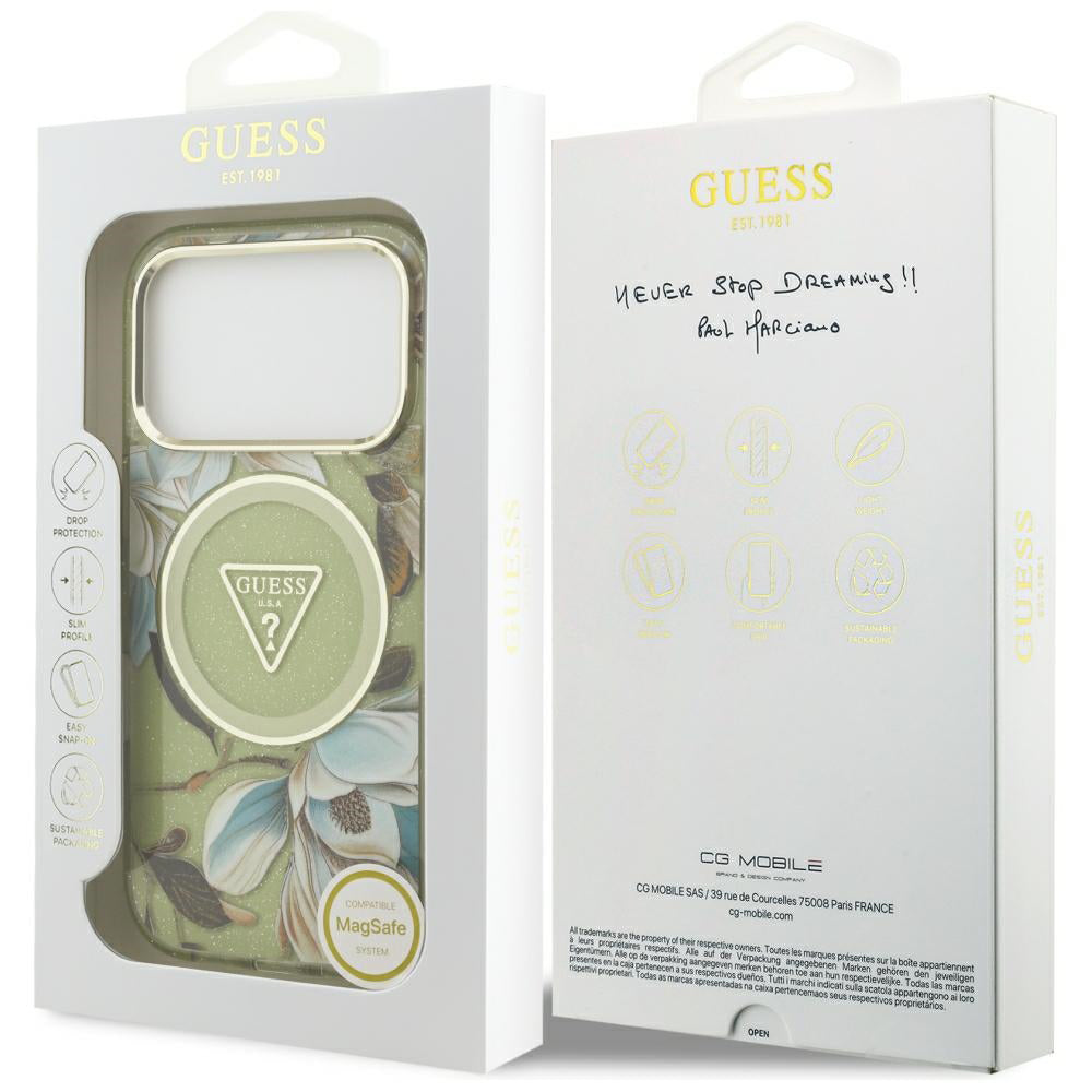 MagSafe futrola za Apple iPhone 18 Pro / 17 Pro, Guess, IML Metal Glitter Flowers Triangle, Zelena