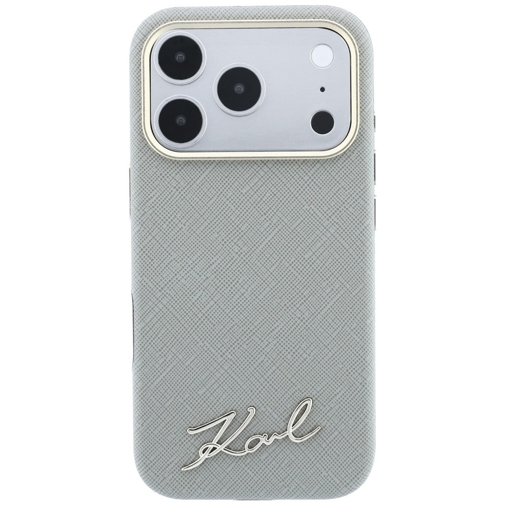 MagSafe futrola za Apple iPhone 18 Pro / 17 Pro, Karl Lagerfeld, Saffiano Small Script Metal Logo, Sivo Bež