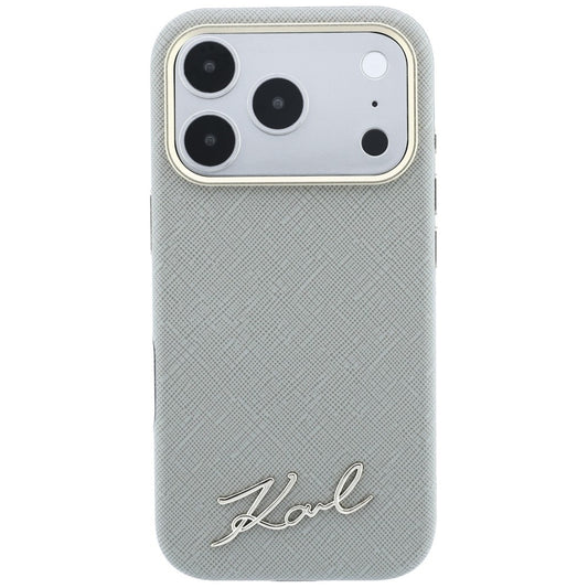 MagSafe futrola za Apple iPhone 18 Pro / 17 Pro, Karl Lagerfeld, Saffiano Small Script Metal Logo, Sivo Bež
