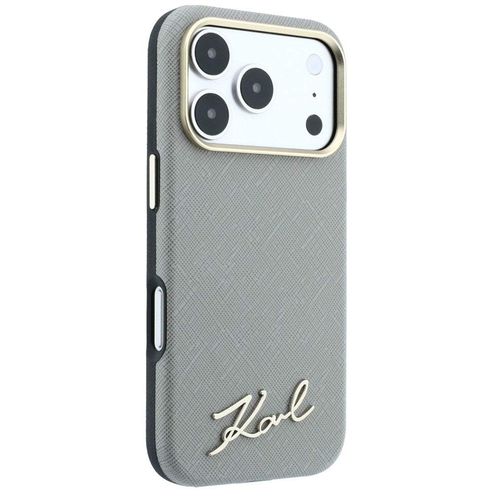MagSafe futrola za Apple iPhone 18 Pro / 17 Pro, Karl Lagerfeld, Saffiano Small Script Metal Logo, Sivo Bež