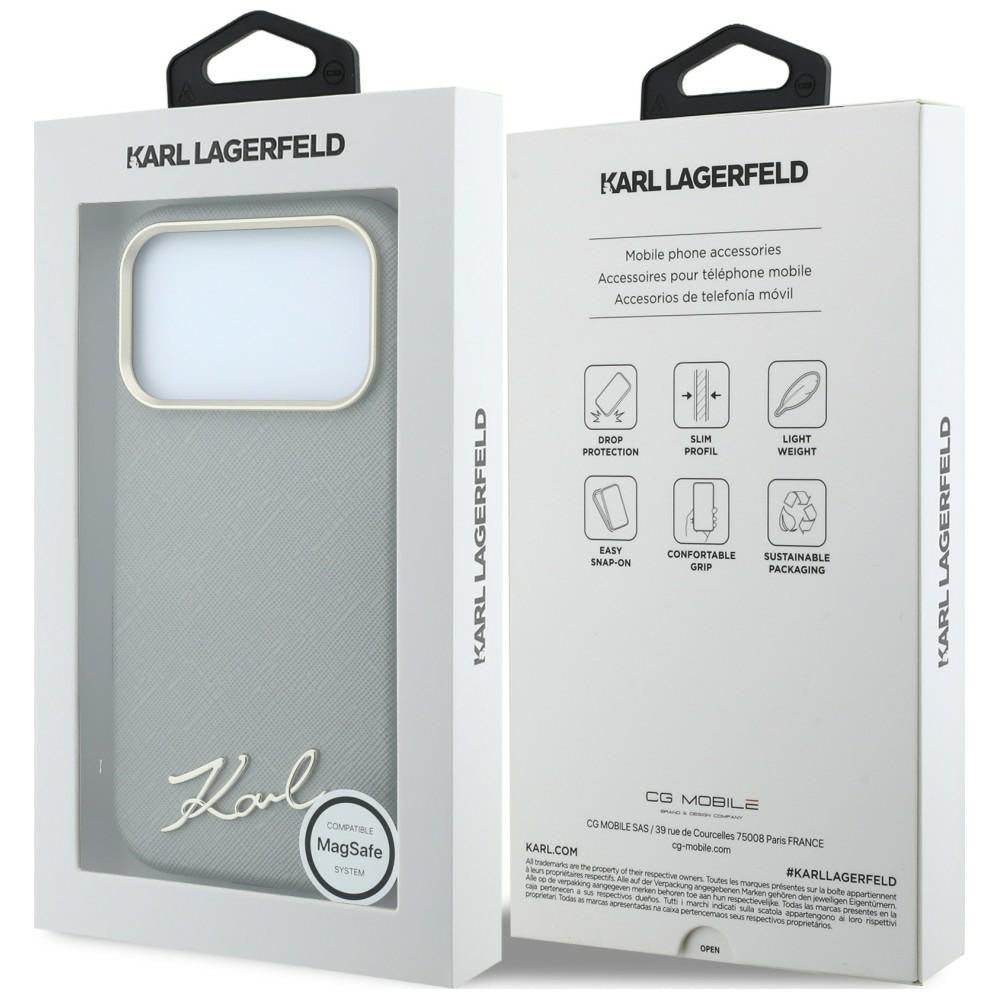 MagSafe futrola za Apple iPhone 18 Pro / 17 Pro, Karl Lagerfeld, Saffiano Small Script Metal Logo, Sivo Bež