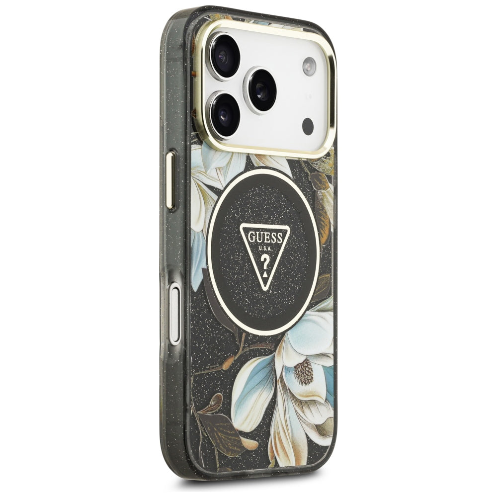 MagSafe futrola za Apple iPhone 18 Pro, Guess, IML Metal Glitter Flowers Triangle, Crna