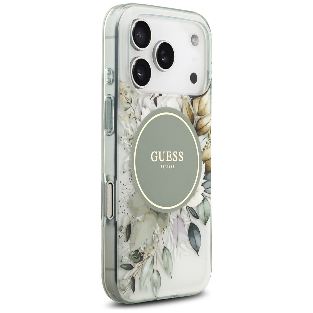 MagSafe maska za Apple iPhone 18 Pro Max / 17 Pro Max, Guess, IML Flowers with Pearl Strap, zelena