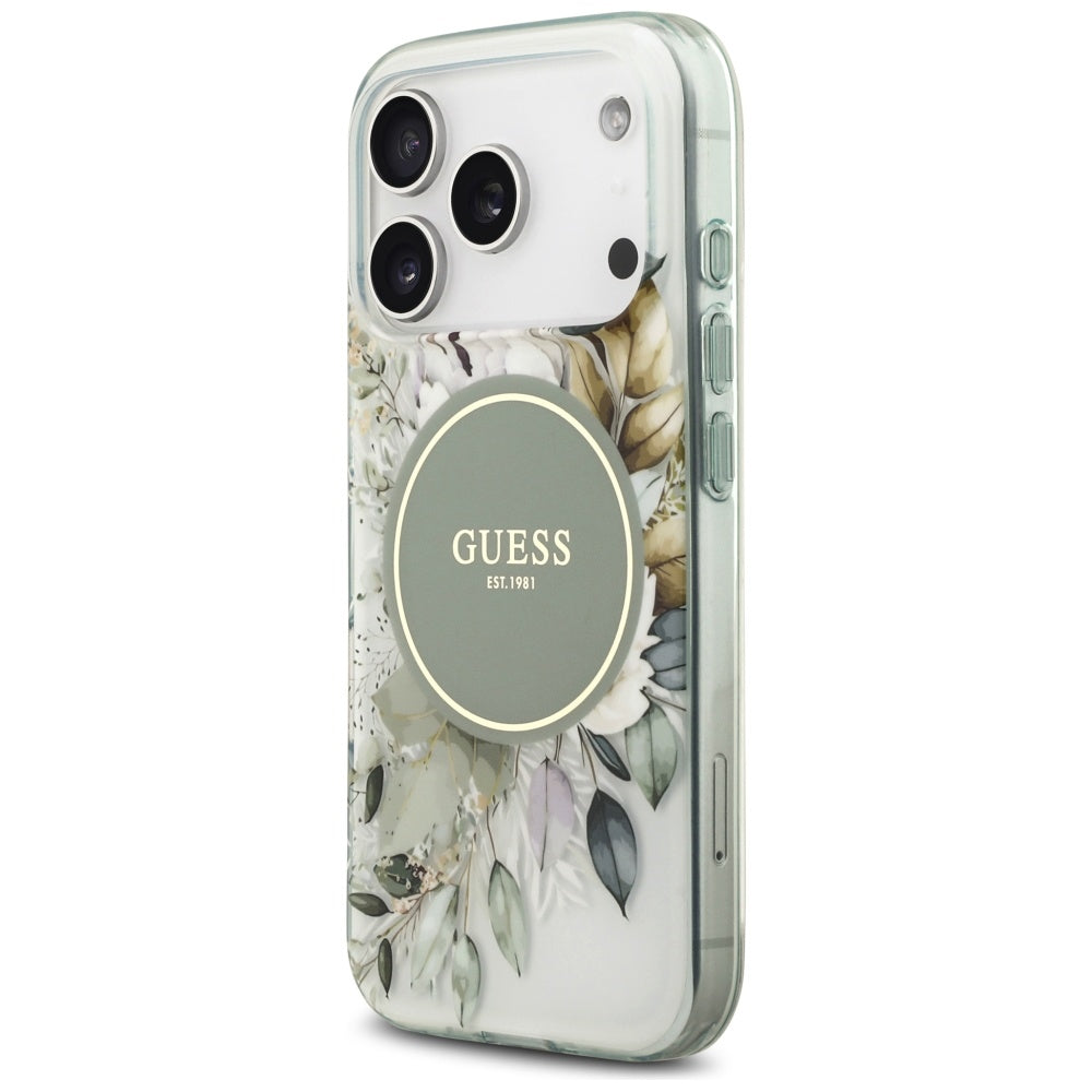 MagSafe maska za Apple iPhone 18 Pro Max / 17 Pro Max, Guess, IML Flowers with Pearl Strap, zelena