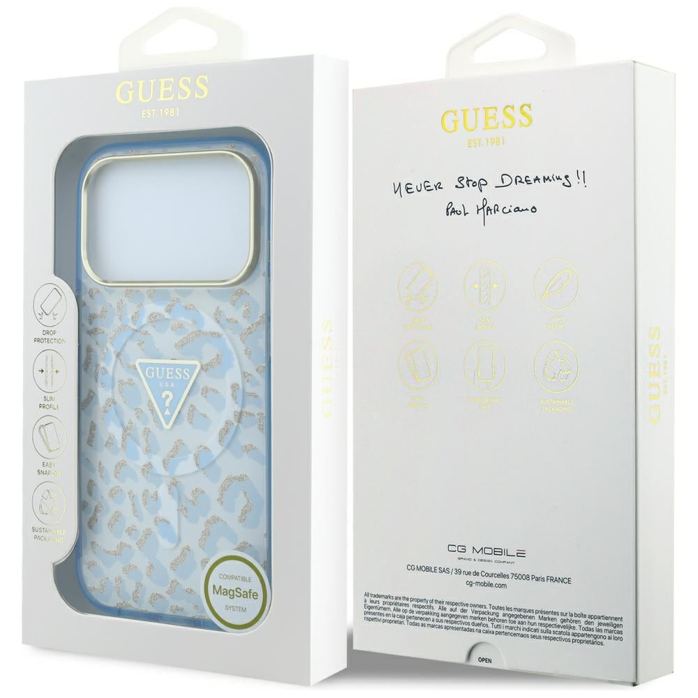 MagSafe futrola za Apple iPhone 18 Pro Max / 17 Pro Max, Guess, Leopard Glitter Triangle Logo, Plava