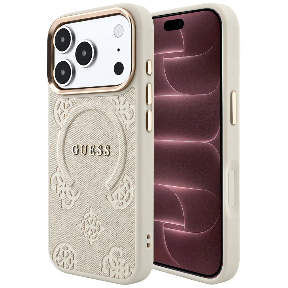 MagSafe futrola za Apple iPhone 18 Pro Max / 17 Pro Max, Guess, Saffiano Peony Hot Stamp, Bež