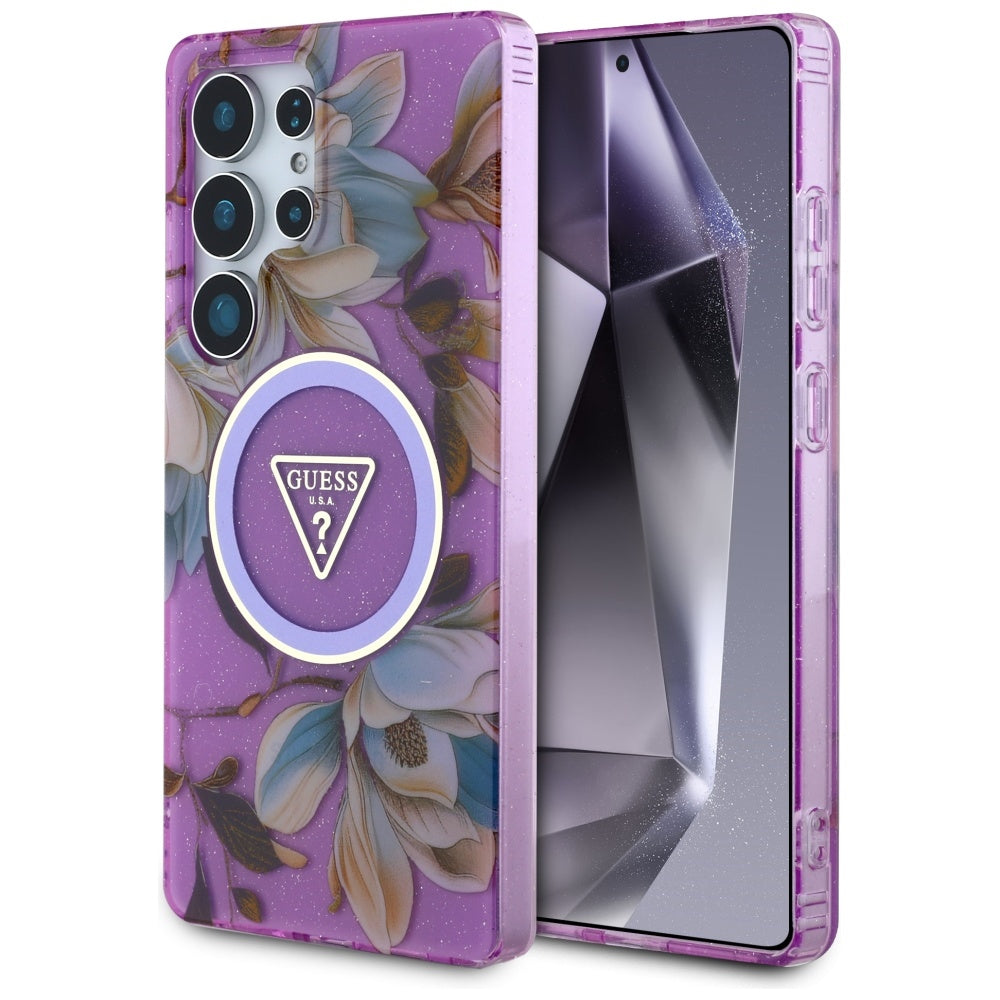 Futrola MagSafe za Samsung Galaxy S25 Ultra S938, Guess, IML Metal Glitter Flowers Triangle, Ljubičasta