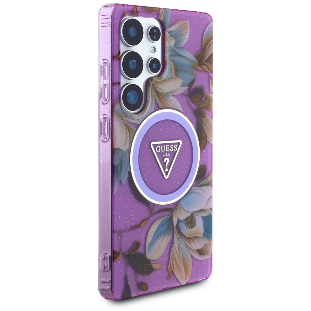 Futrola MagSafe za Samsung Galaxy S25 Ultra S938, Guess, IML Metal Glitter Flowers Triangle, Ljubičasta