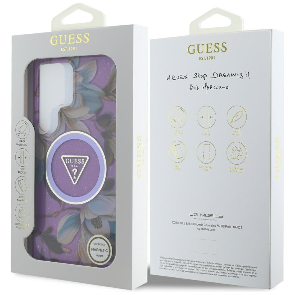 Futrola MagSafe za Samsung Galaxy S25 Ultra S938, Guess, IML Metal Glitter Flowers Triangle, Ljubičasta