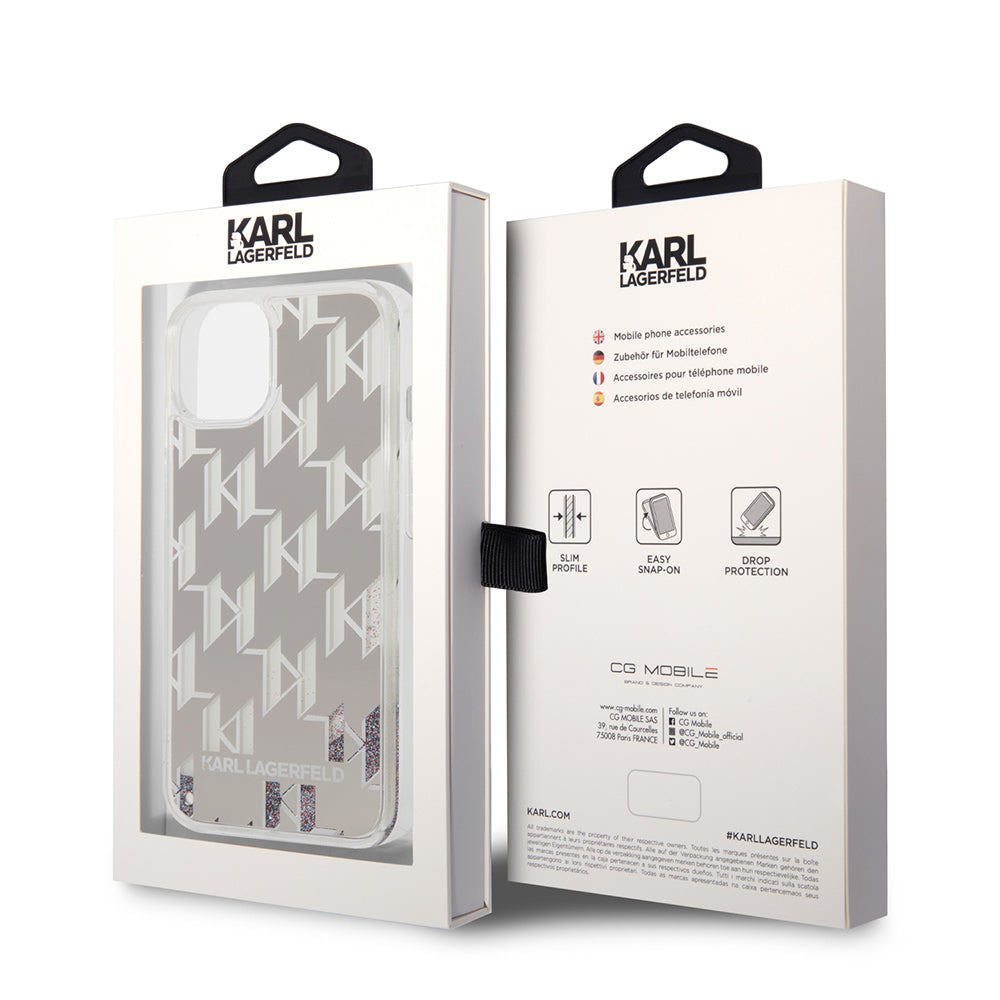 Futrola za Apple iPhone 14 Plus, Karl Lagerfeld, Liquid Glitter Monogram, Srebrna