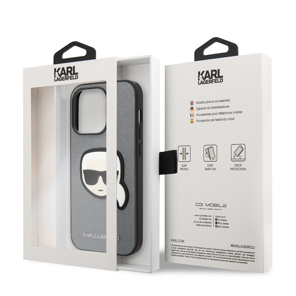 Futrola za Apple iPhone 14 Pro, Karl Lagerfeld, Saffiano Karl's Head, Srebrna