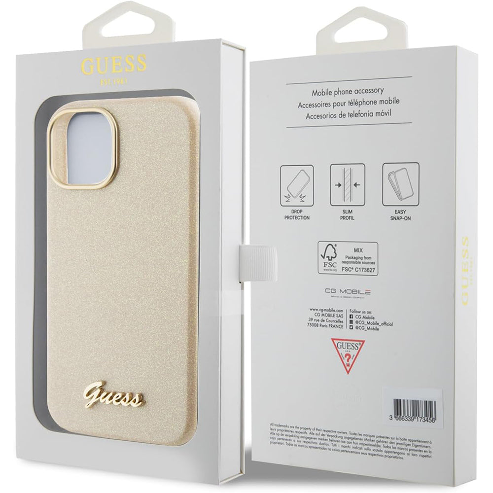 Futrola za Apple iPhone 15, Guess, Glitter Glossy Script, Bež