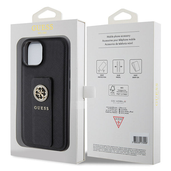 Futrola za Apple iPhone 15, Guess, Grip Stand 4G Saffiano Strass, Crna