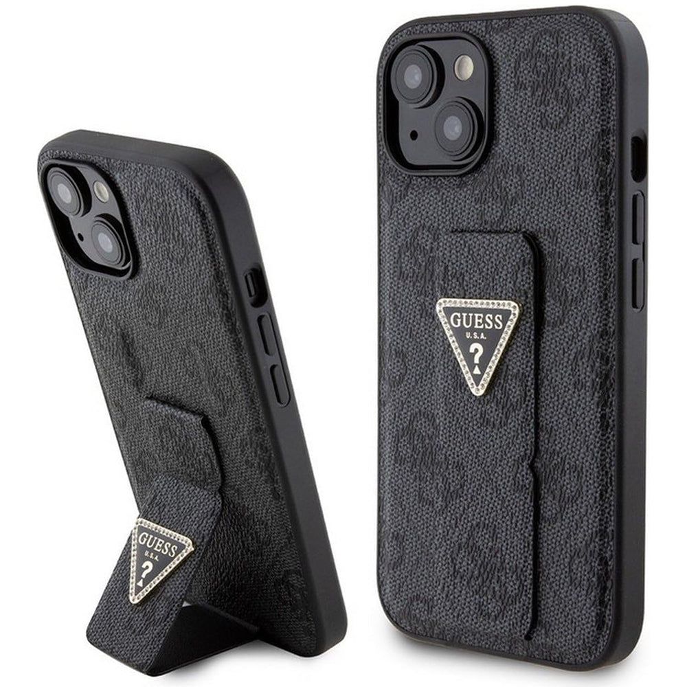 Futrola za Apple iPhone 15, Guess, Grip Stand 4G Triangle Strass, Crna