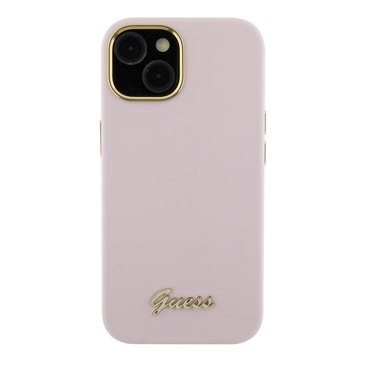 Futrola za Apple iPhone 15, Guess, Script Metal Logo & Frame, Svetlo Roze