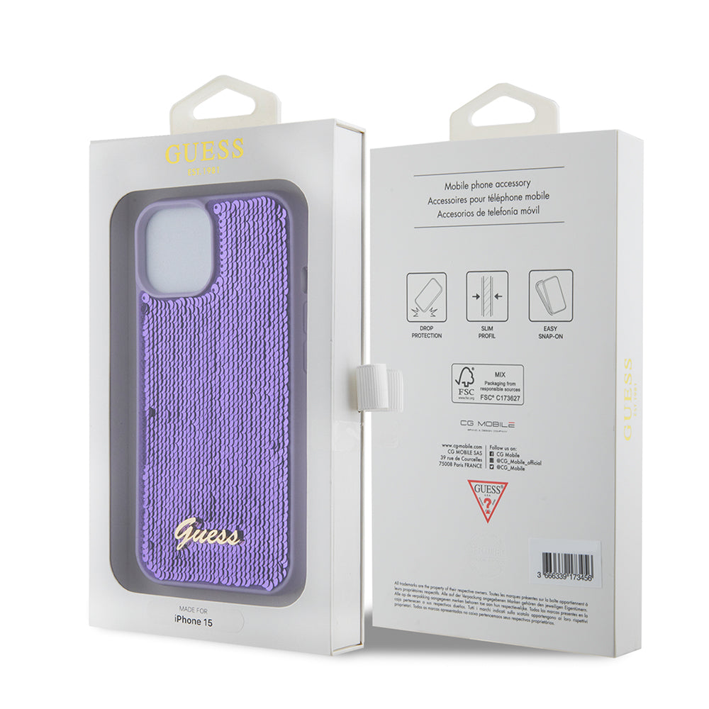 Futrola za Apple iPhone 15, Guess, Sequin Script Metal, Ljubičasta