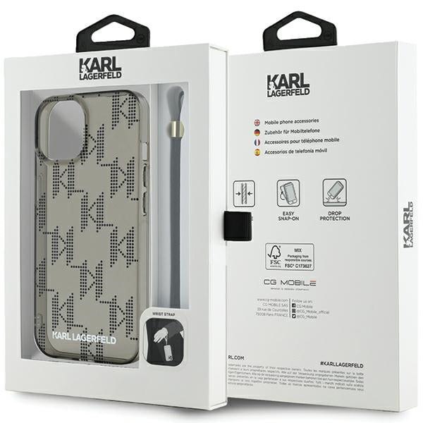 Futrola za Apple iPhone 15, Karl Lagerfeld, IML Luxury Monogram KL Pattern with Strap, Crna