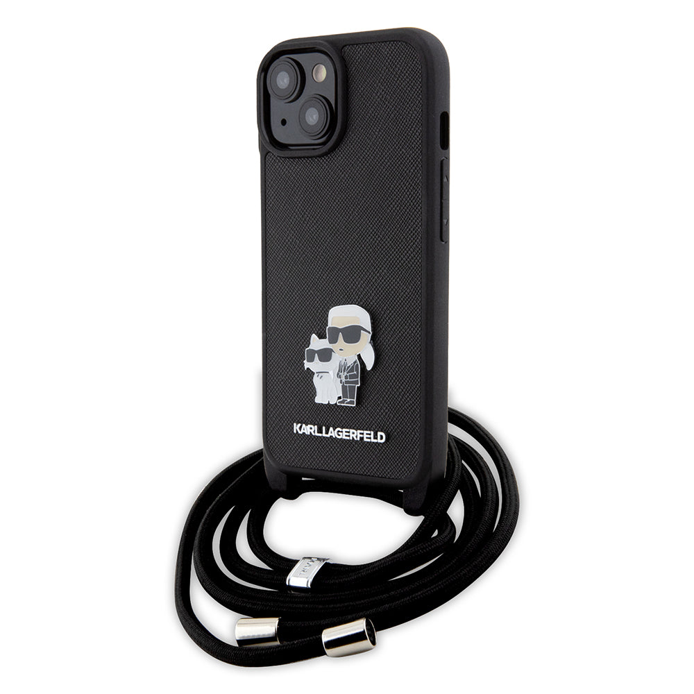 Futrola za Apple iPhone 15, Karl Lagerfeld, Saffiano Crossbody Metal Pin Karl & Choupette, Crna