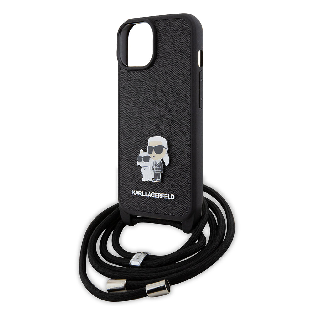 Futrola za Apple iPhone 15, Karl Lagerfeld, Saffiano Crossbody Metal Pin Karl & Choupette, Crna