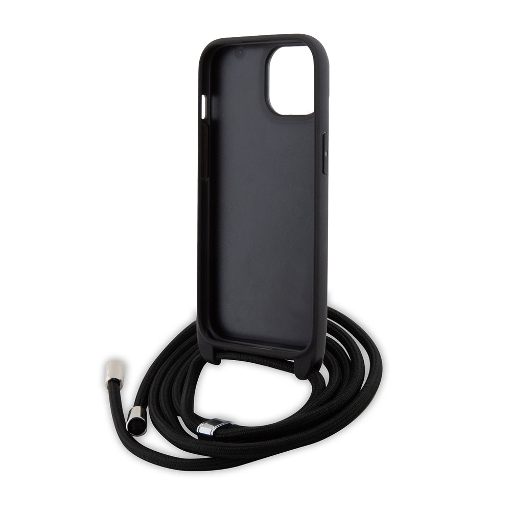 Futrola za Apple iPhone 15, Karl Lagerfeld, Saffiano Crossbody Metal Pin Karl & Choupette, Crna