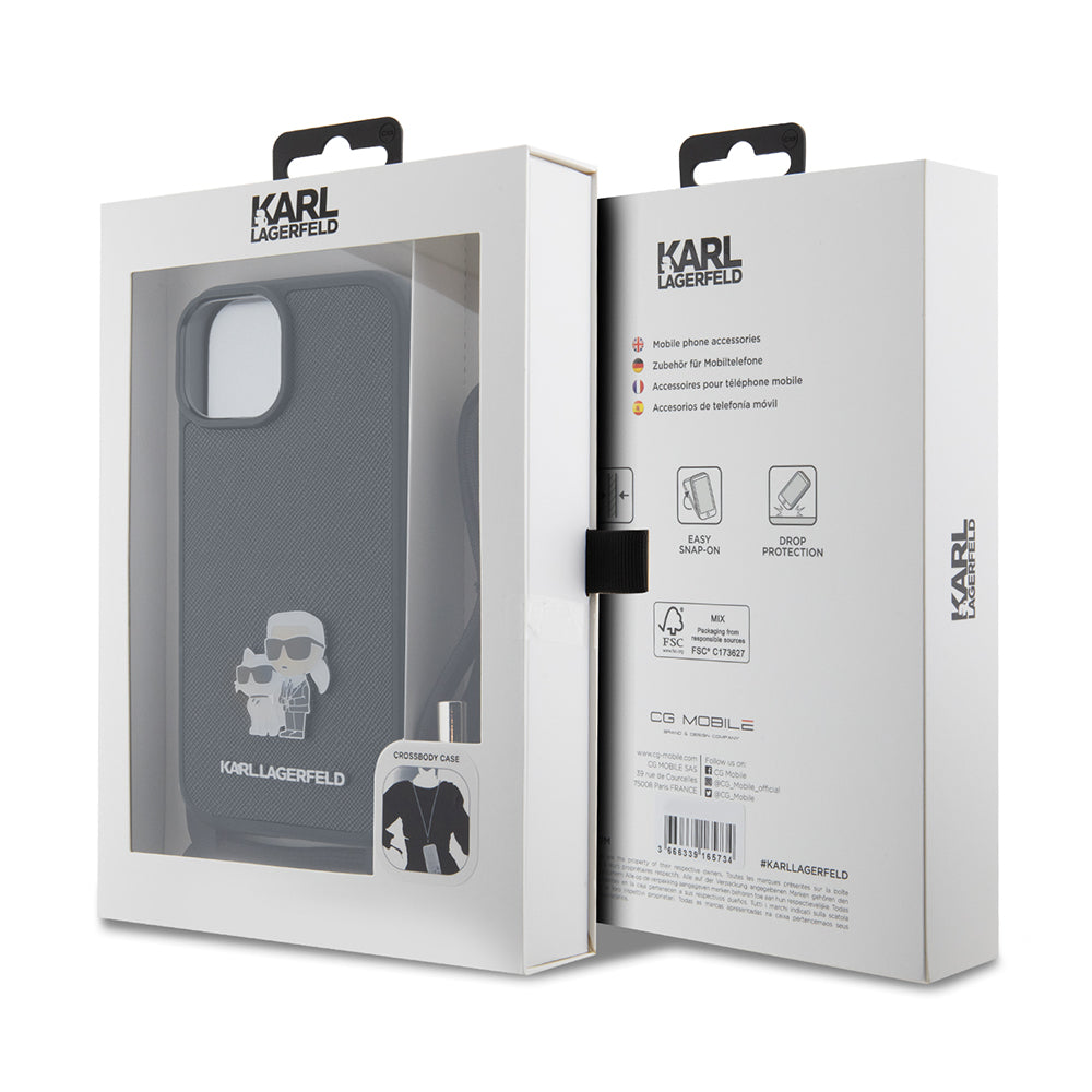 Futrola za Apple iPhone 15, Karl Lagerfeld, Saffiano Crossbody Metal Pin Karl & Choupette, Crna
