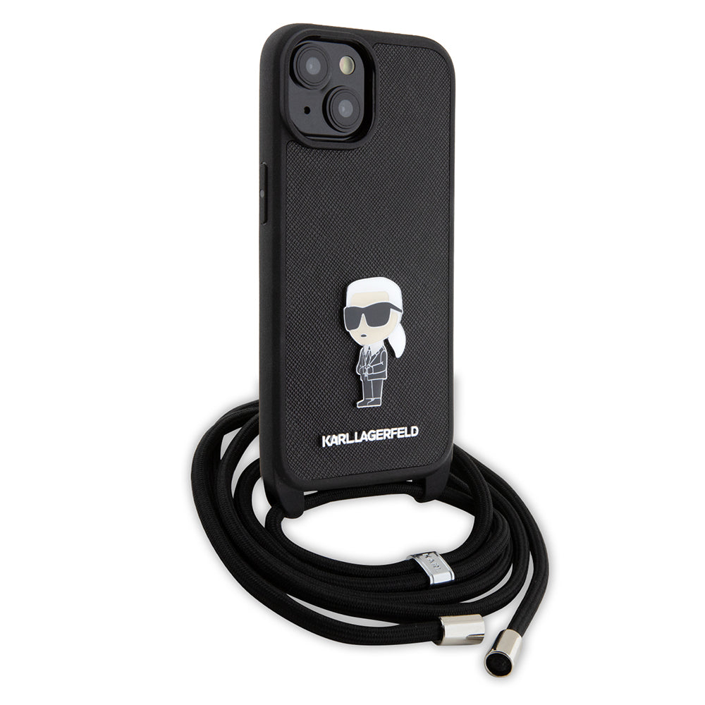 Futrola za Apple iPhone 15, Karl Lagerfeld, Saffiano Crossbody Monogram Metal Pin Karl, Crna