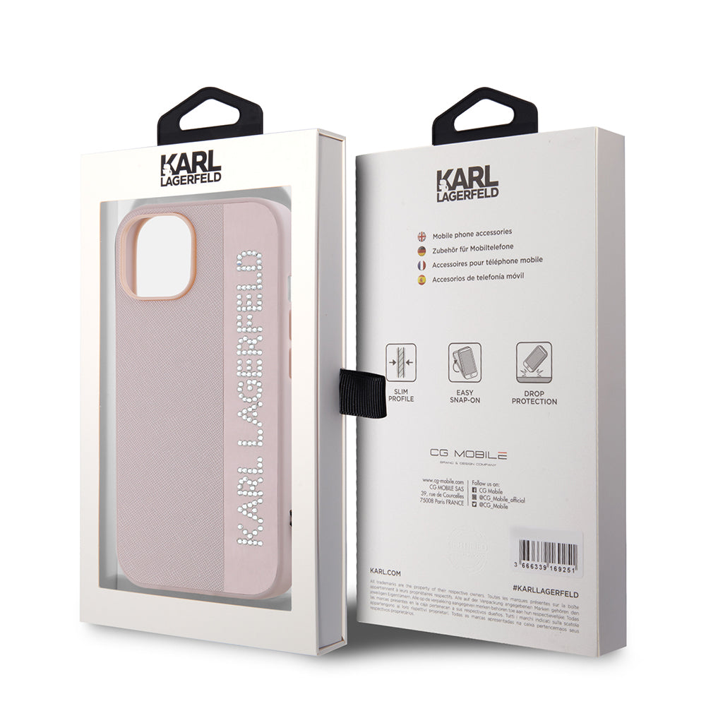 Futrola za Apple iPhone 15, Karl Lagerfeld, Saffiano Rhinestones & Charm, Roze