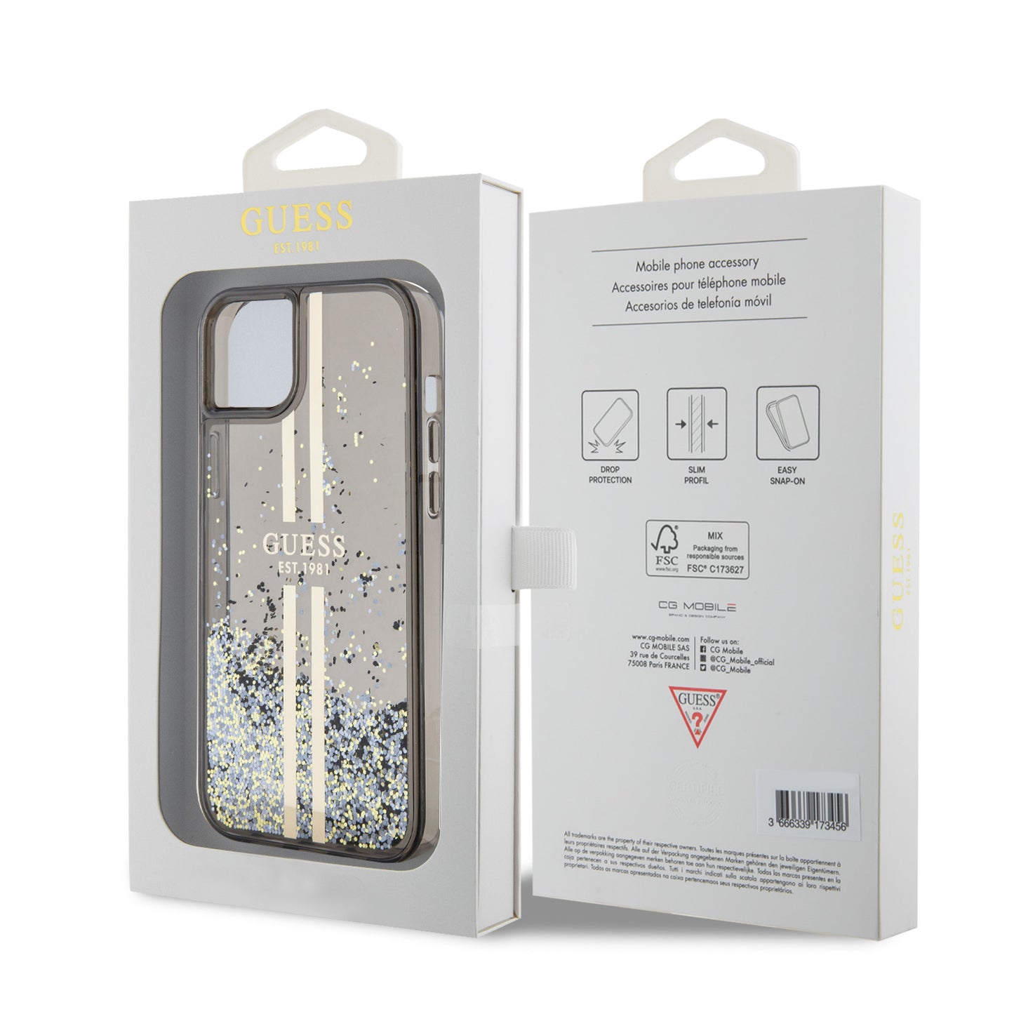 Futrola za Apple iPhone 15 Plus, Guess, Liquid Glitter Gold Stripes, Crna
