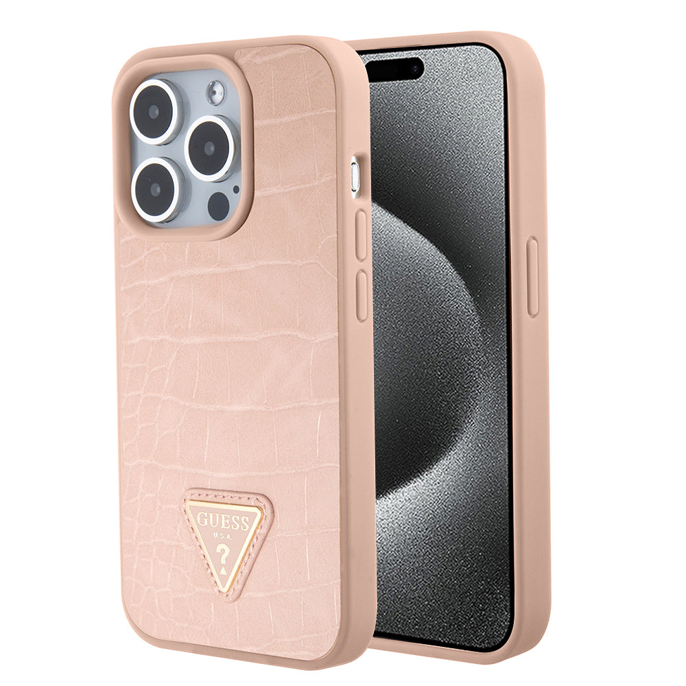 Futrola za Apple iPhone 15 Pro, Guess, Croco Triangle Metal Logo, Roze