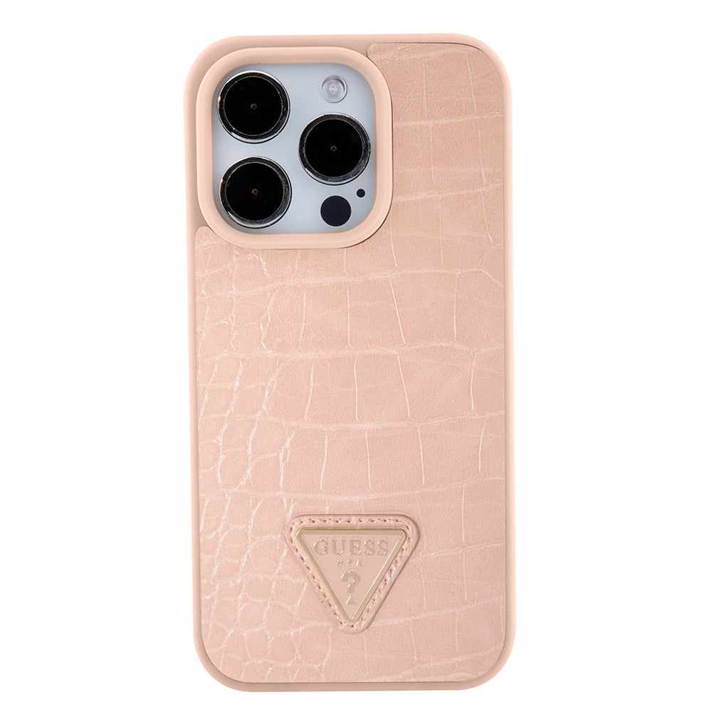 Futrola za Apple iPhone 15 Pro, Guess, Croco Triangle Metal Logo, Roze