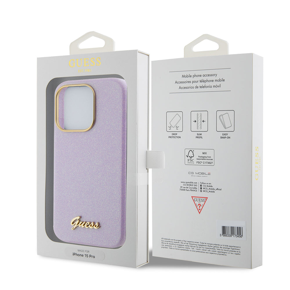 Futrola za Apple iPhone 15 Pro, Guess, Glitter Glossy Script, Svetlo Ljubičasta