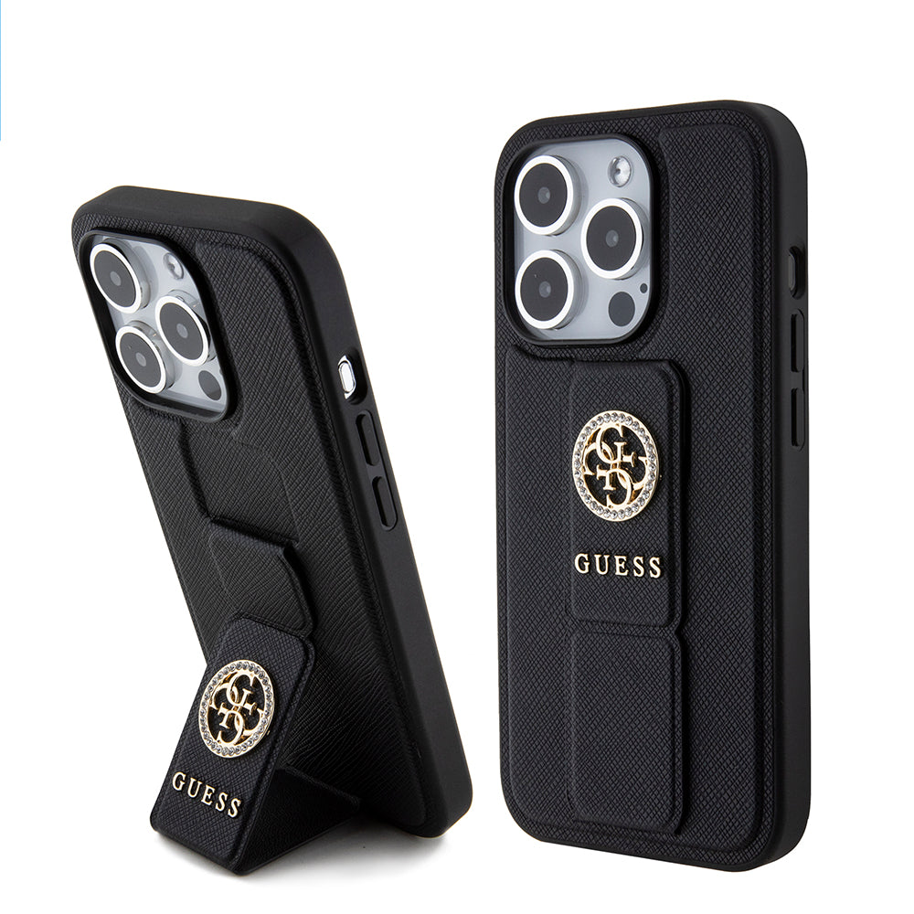 Futrola za Apple iPhone 15 Pro, Guess, Grip Stand 4G Saffiano Strass, Crna