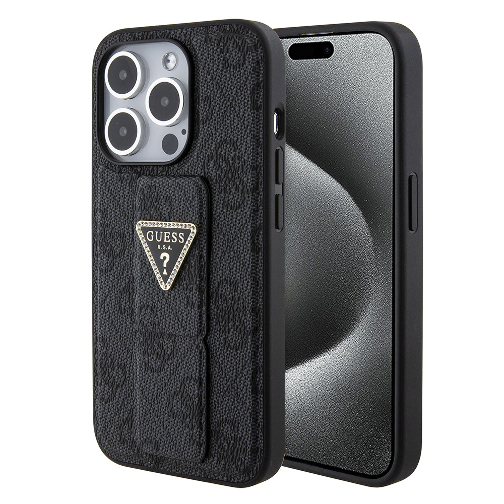 Futrola za Apple iPhone 15 Pro, Guess, Grip Stand 4G Triangle Strass, Crna
