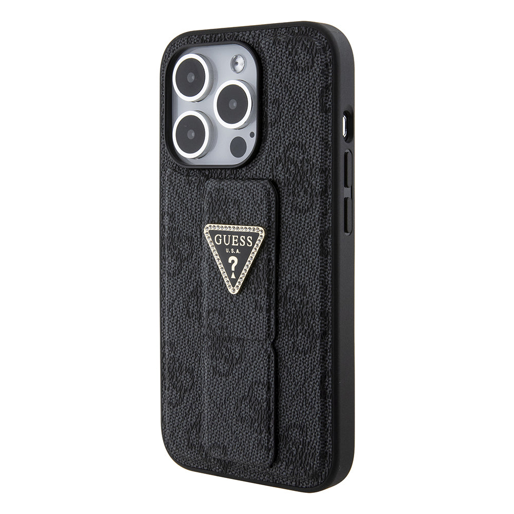 Futrola za Apple iPhone 15 Pro, Guess, Grip Stand 4G Triangle Strass, Crna