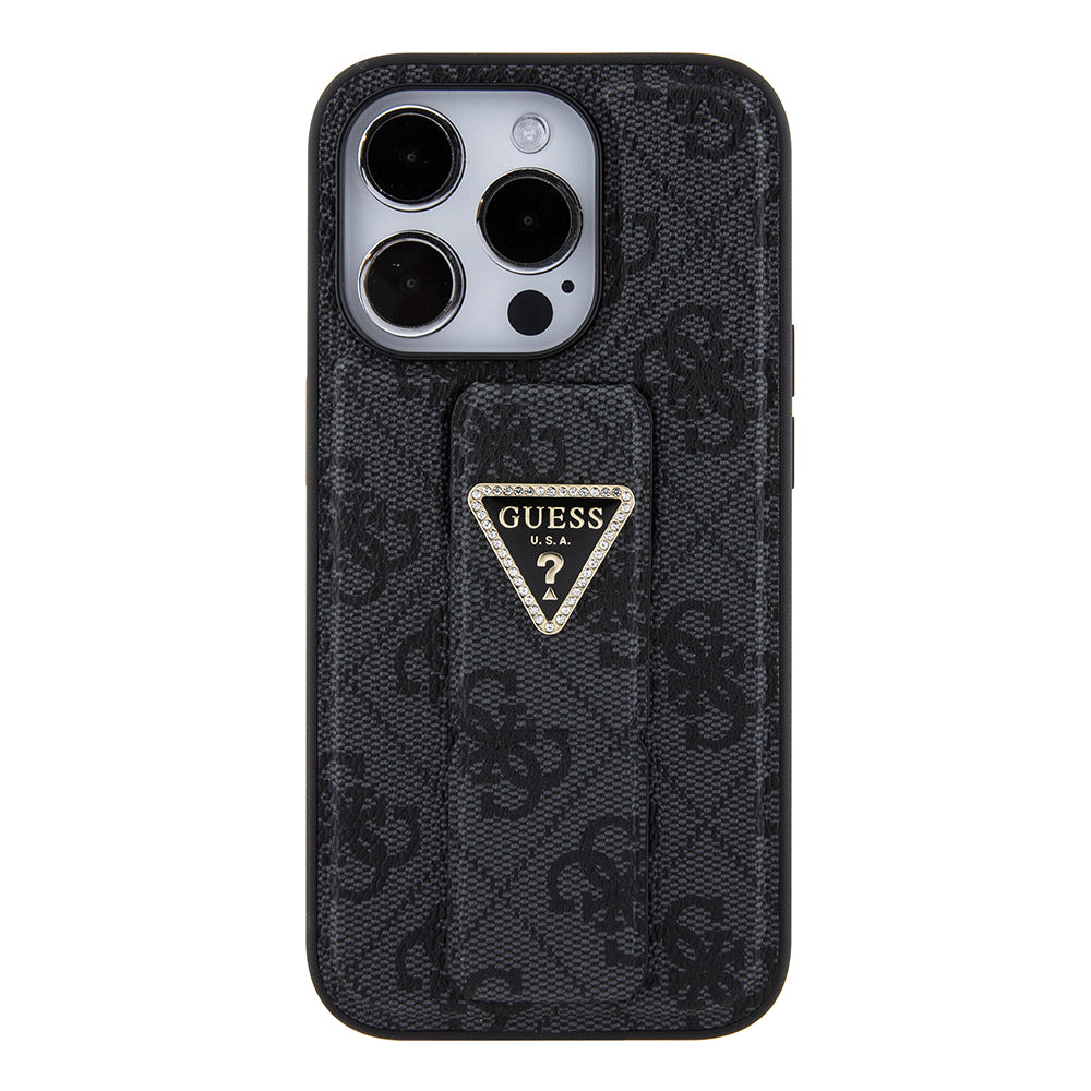 Futrola za Apple iPhone 15 Pro, Guess, Grip Stand 4G Triangle Strass, Crna
