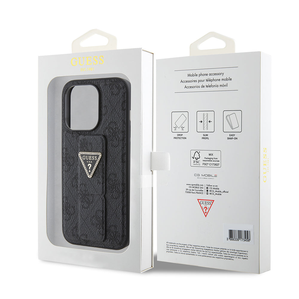 Futrola za Apple iPhone 15 Pro, Guess, Grip Stand 4G Triangle Strass, Crna