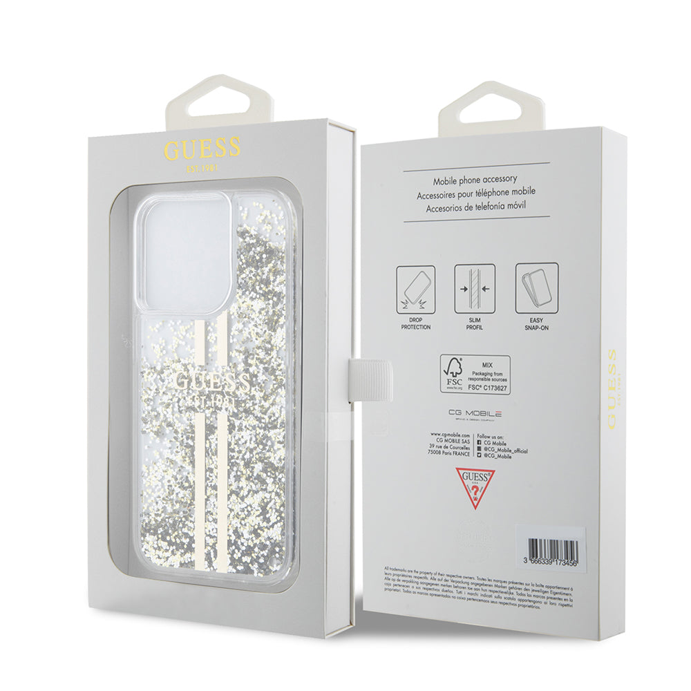 Futrola za Apple iPhone 15 Pro, Guess, Liquid Glitter Gold Stripes, Transparentna