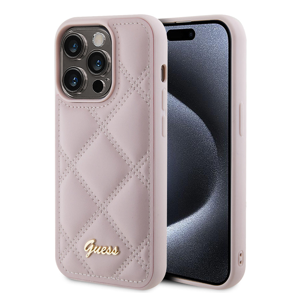 Futrola za Apple iPhone 15 Pro, Guess, Quilted Metal Logo, Roze