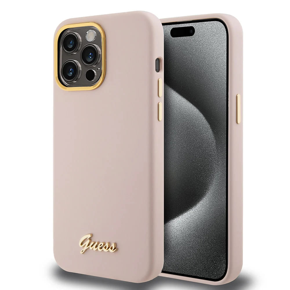 Futrola za Apple iPhone 15 Pro, Guess, Script Metal Logo & Frame, Svetlo Roze